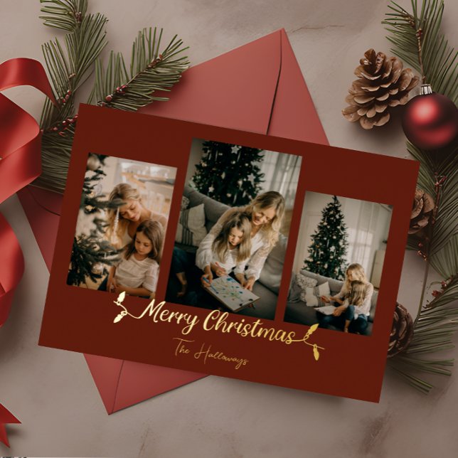 Christmas Lights Red 3 Photo Foil Holiday Card (Creator Uploaded)