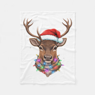 Christmas Lights Reindeer Santa Hat Cute Xmas Paja Fleece Blanket