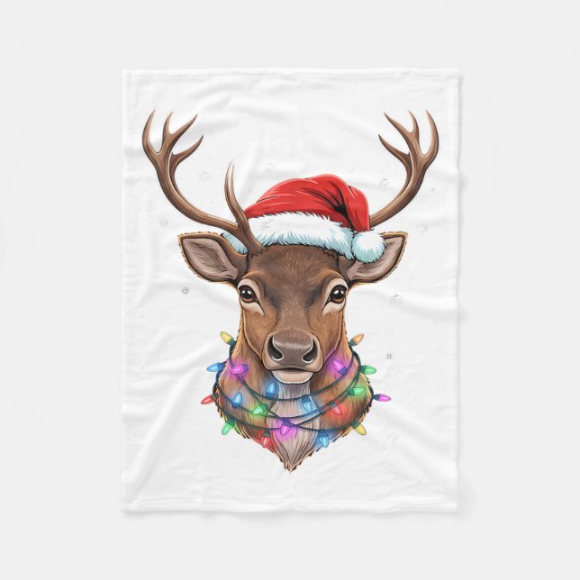 Christmas Lights Reindeer Santa Hat Cute Xmas Paja Fleece Blanket (Front)
