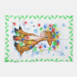 Christmas Lights Reindeer Tea Towel