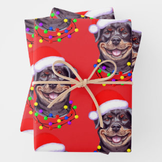 Christmas Lights Santa Rottweiler Pet Dog Funny Wrapping Paper Sheet