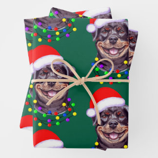 Christmas Lights Santa Rottweiler Pet Dog Funny Wrapping Paper Sheet