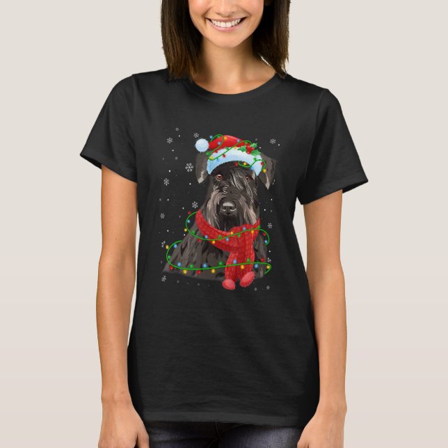 Christmas Lights Schnauzer Dog Santa Hat Scarf T-Shirt (Front)