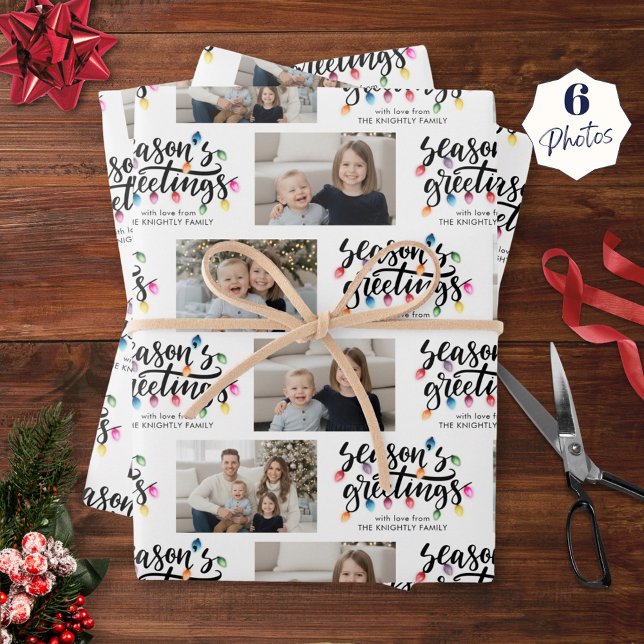 Christmas Lights Seasons Greetings 6 Photos Name Wrapping Paper Sheet (Creator Uploaded)