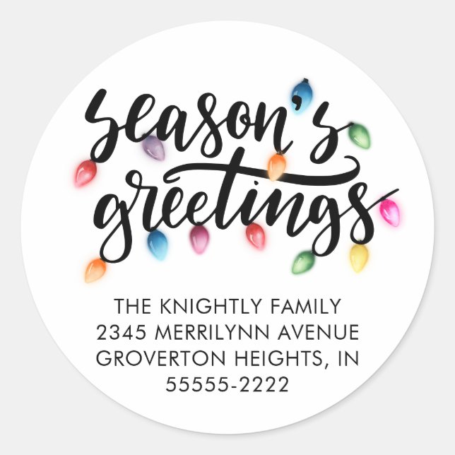 Christmas Lights Seasons Greetings Return Address Classic Round Sticker (Front)