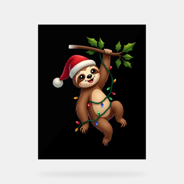 Christmas Lights Sloth Wearing Xmas Hat - Sloth Lo Acrylic Sign (Front)