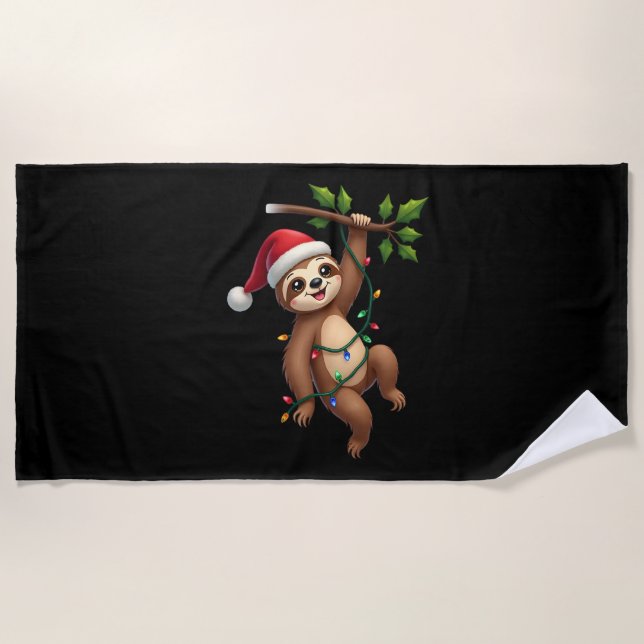 Christmas Lights Sloth Wearing Xmas Hat - Sloth Lo Beach Towel (Front)