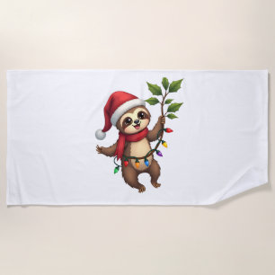 Christmas Lights Sloth Wearing Xmas Hat - Sloth Lo Beach Towel