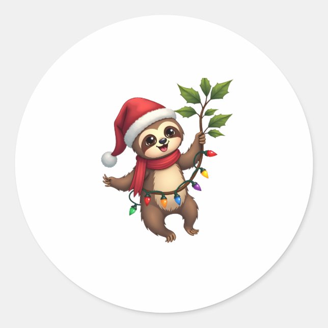 Christmas Lights Sloth Wearing Xmas Hat - Sloth Lo Classic Round Sticker (Front)