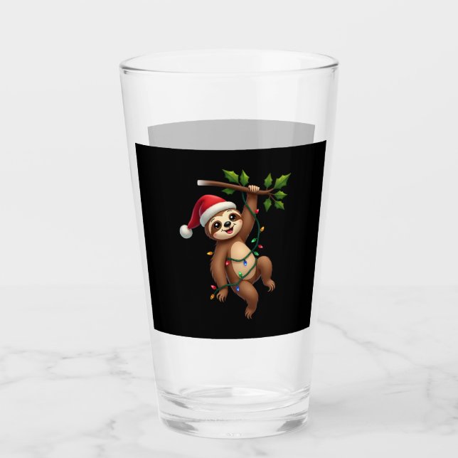 Christmas Lights Sloth Wearing Xmas Hat - Sloth Lo Glass (Front)