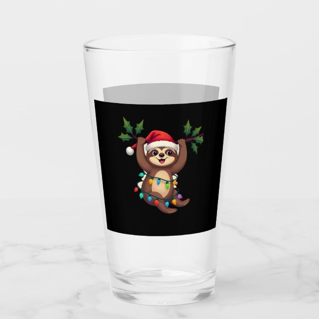 Christmas Lights Sloth Wearing Xmas Hat - Sloth Lo Glass (Front)