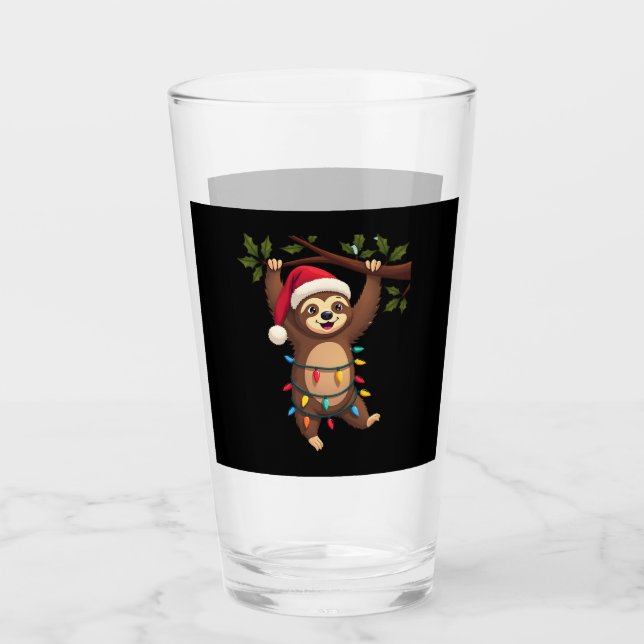 Christmas Lights Sloth Wearing Xmas Hat - Sloth Lo Glass (Front)