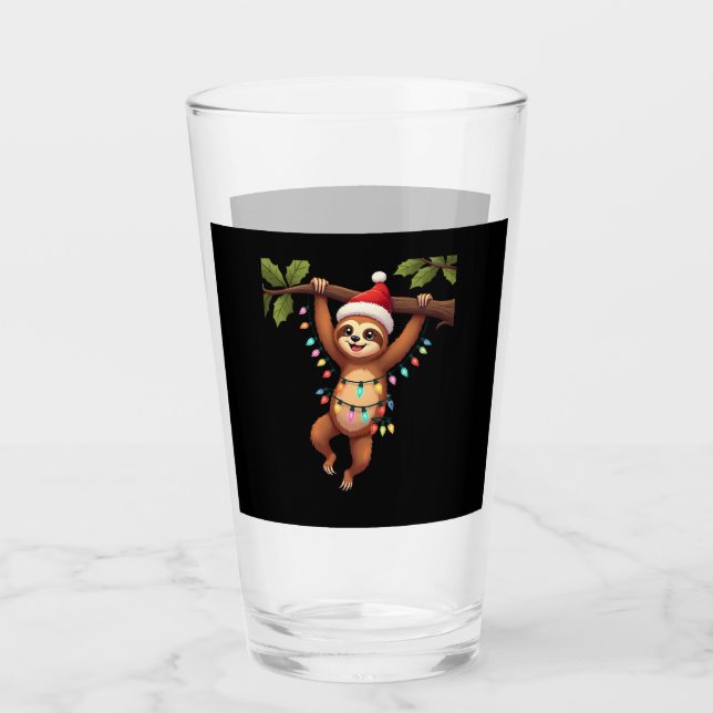 Christmas Lights Sloth Wearing Xmas Hat - Sloth Lo Glass (Front)
