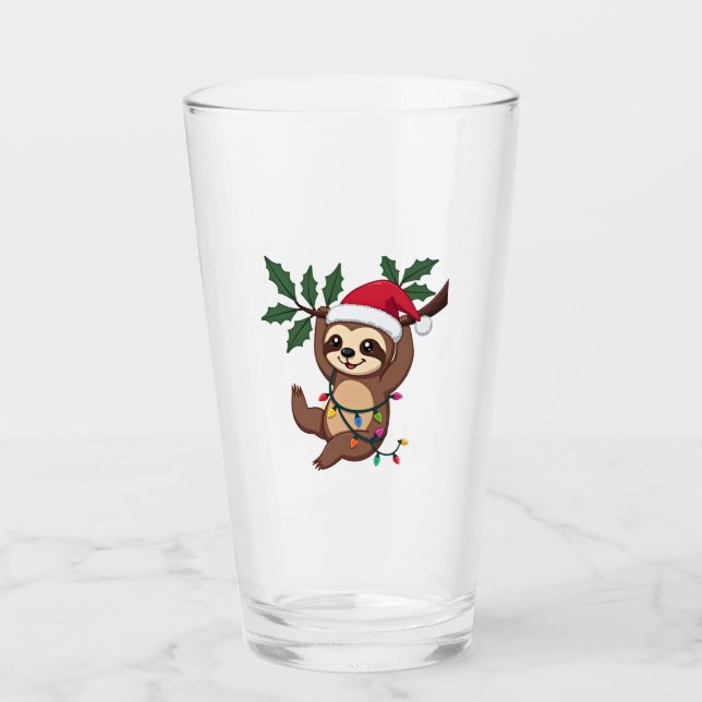 Christmas Lights Sloth Wearing Xmas Hat - Sloth Lo Glass (Front)