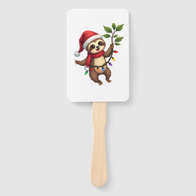 Christmas Lights Sloth Wearing Xmas Hat - Sloth Lo Hand Fan (Front)