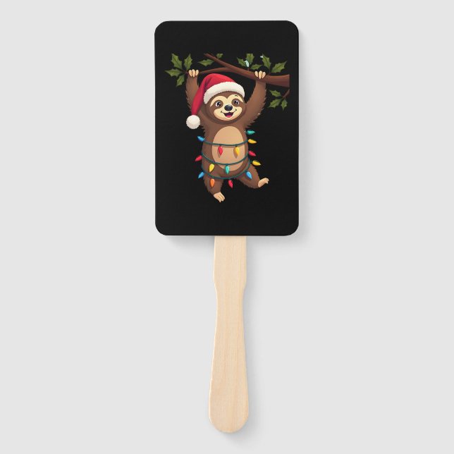 Christmas Lights Sloth Wearing Xmas Hat - Sloth Lo Hand Fan (Front)