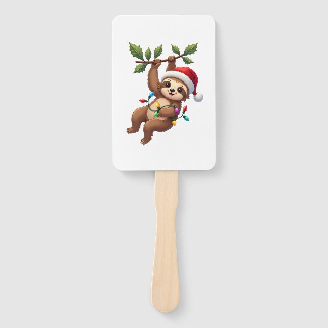 Christmas Lights Sloth Wearing Xmas Hat - Sloth Lo Hand Fan (Front)