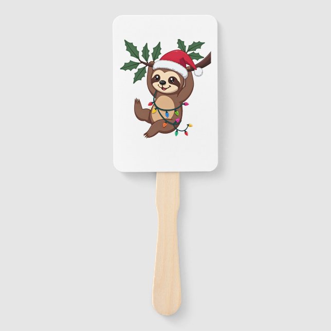 Christmas Lights Sloth Wearing Xmas Hat - Sloth Lo Hand Fan (Front)