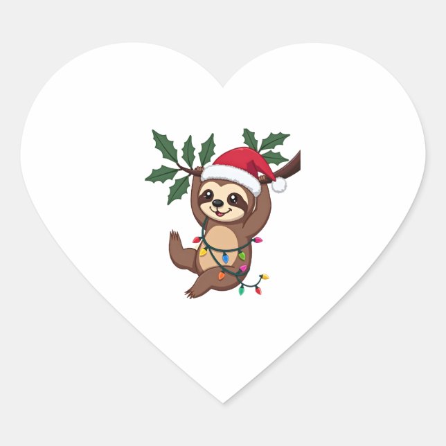Christmas Lights Sloth Wearing Xmas Hat - Sloth Lo Heart Sticker (Front)