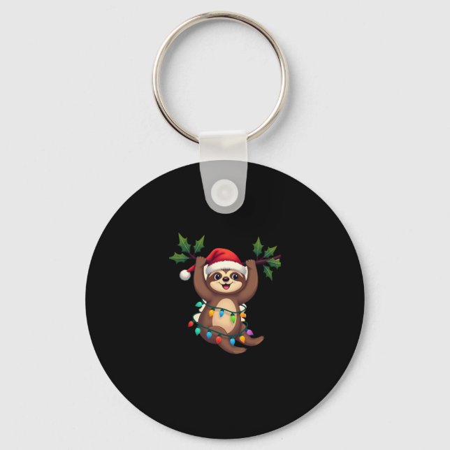 Christmas Lights Sloth Wearing Xmas Hat - Sloth Lo Key Ring (Front)