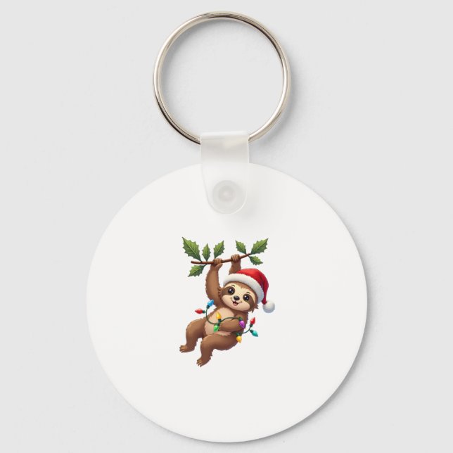 Christmas Lights Sloth Wearing Xmas Hat - Sloth Lo Key Ring (Front)