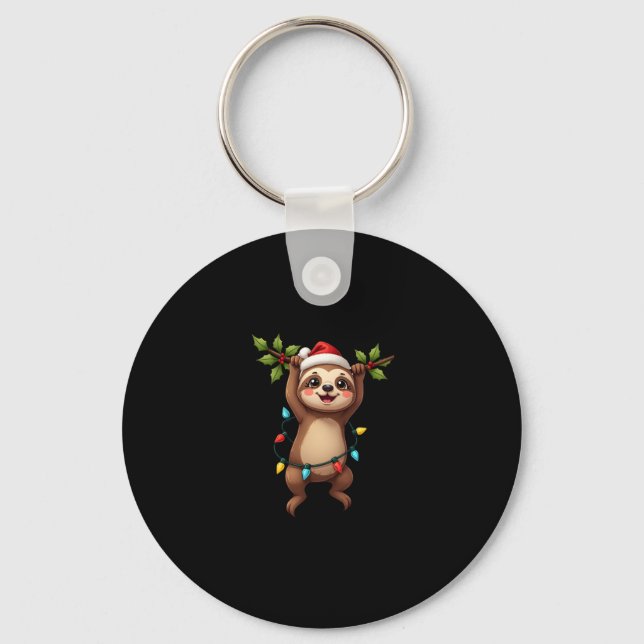 Christmas Lights Sloth Wearing Xmas Hat - Sloth Lo Key Ring (Front)