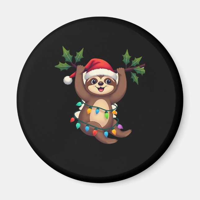 Christmas Lights Sloth Wearing Xmas Hat - Sloth Lo Magnet (Front)