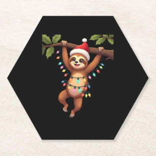 Christmas Lights Sloth Wearing Xmas Hat - Sloth Lo Paper Coaster