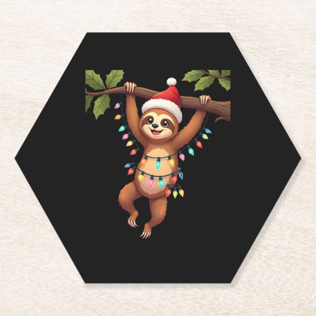 Christmas Lights Sloth Wearing Xmas Hat - Sloth Lo Paper Coaster (Front)