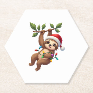 Christmas Lights Sloth Wearing Xmas Hat - Sloth Lo Paper Coaster