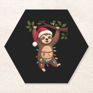 Christmas Lights Sloth Wearing Xmas Hat - Sloth Lo Paper Coaster
