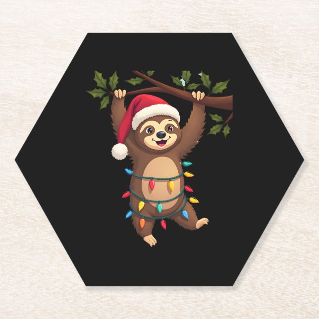 Christmas Lights Sloth Wearing Xmas Hat - Sloth Lo Paper Coaster (Front)