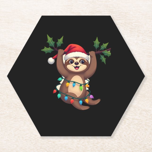 Christmas Lights Sloth Wearing Xmas Hat - Sloth Lo Paper Coaster (Front)