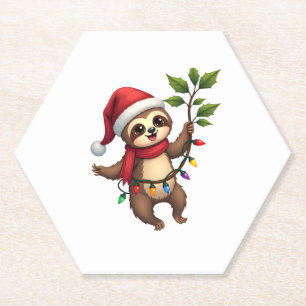 Christmas Lights Sloth Wearing Xmas Hat - Sloth Lo Paper Coaster
