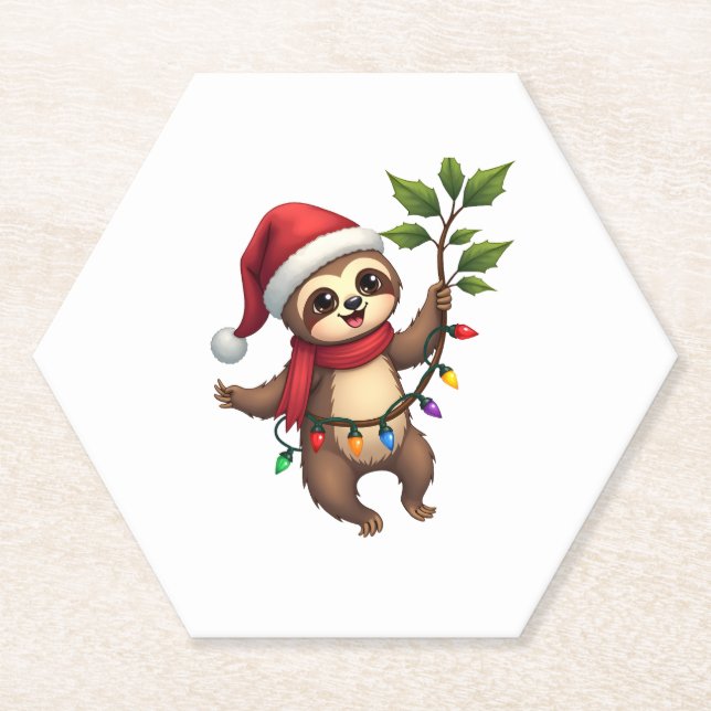 Christmas Lights Sloth Wearing Xmas Hat - Sloth Lo Paper Coaster (Front)