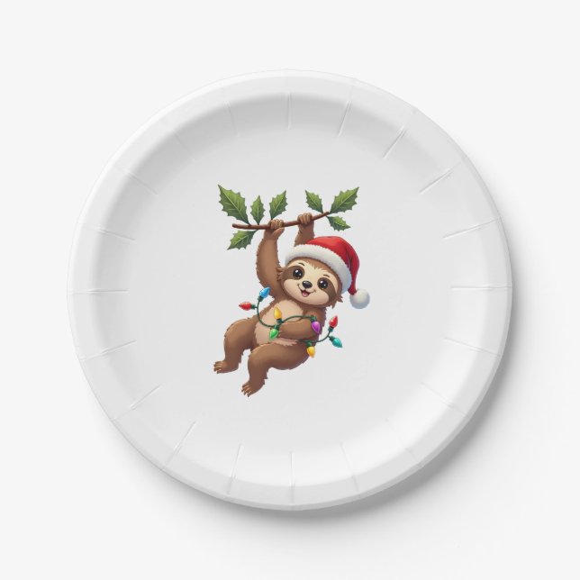 Christmas Lights Sloth Wearing Xmas Hat - Sloth Lo Paper Plate (Front)