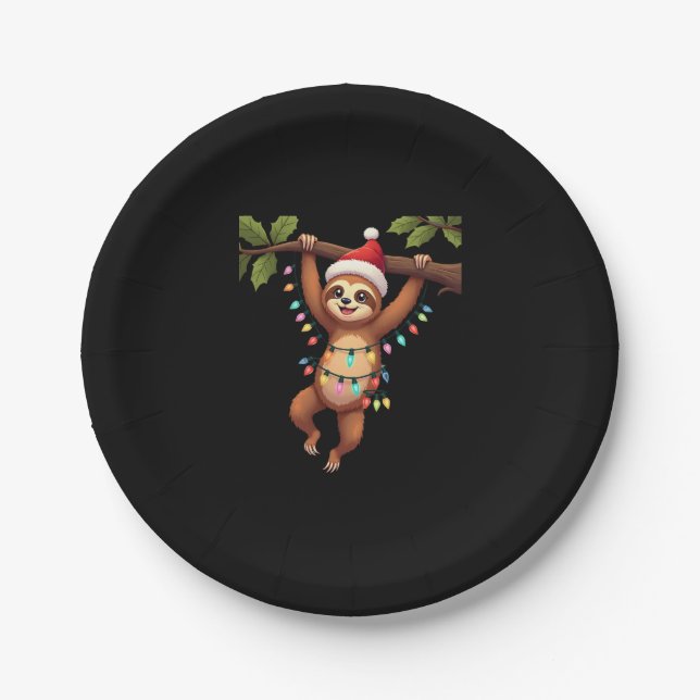 Christmas Lights Sloth Wearing Xmas Hat - Sloth Lo Paper Plate (Front)