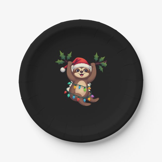 Christmas Lights Sloth Wearing Xmas Hat - Sloth Lo Paper Plate (Front)