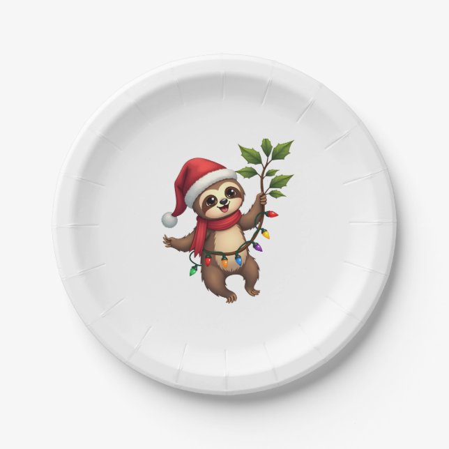 Christmas Lights Sloth Wearing Xmas Hat - Sloth Lo Paper Plate (Front)