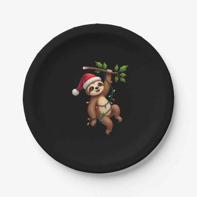 Christmas Lights Sloth Wearing Xmas Hat - Sloth Lo Paper Plate (Front)