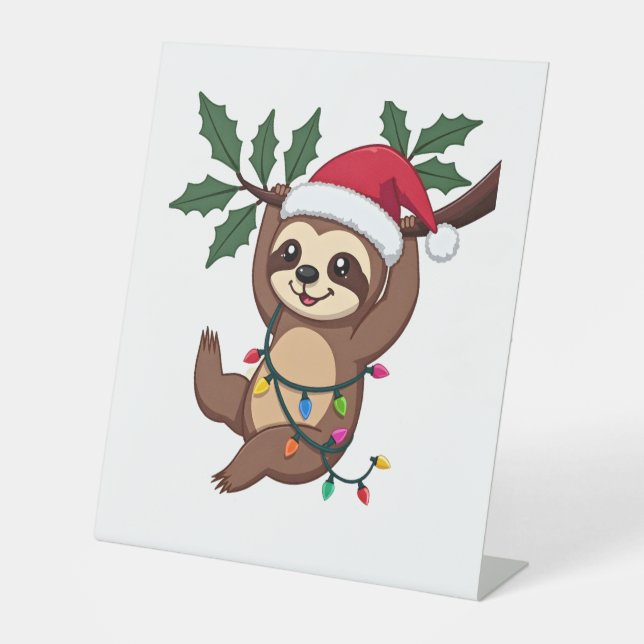 Christmas Lights Sloth Wearing Xmas Hat - Sloth Lo Pedestal Sign (Front)