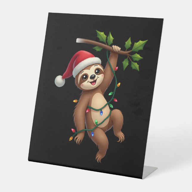 Christmas Lights Sloth Wearing Xmas Hat - Sloth Lo Pedestal Sign (Front)