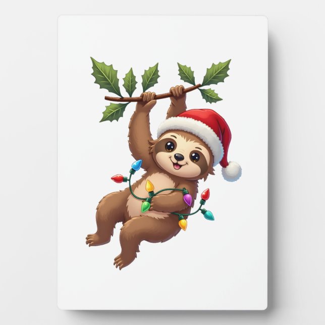 Christmas Lights Sloth Wearing Xmas Hat - Sloth Lo Plaque (Front)