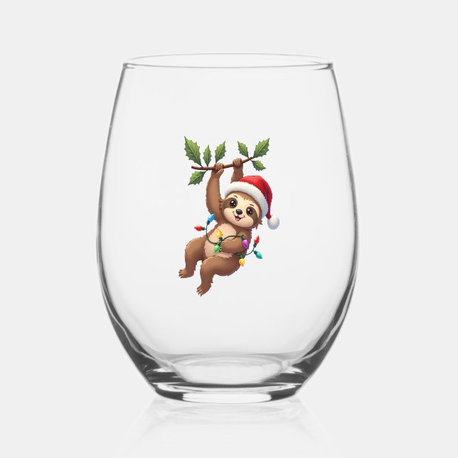 Christmas Lights Sloth Wearing Xmas Hat - Sloth Lo Stemless Wine Glass (Front)
