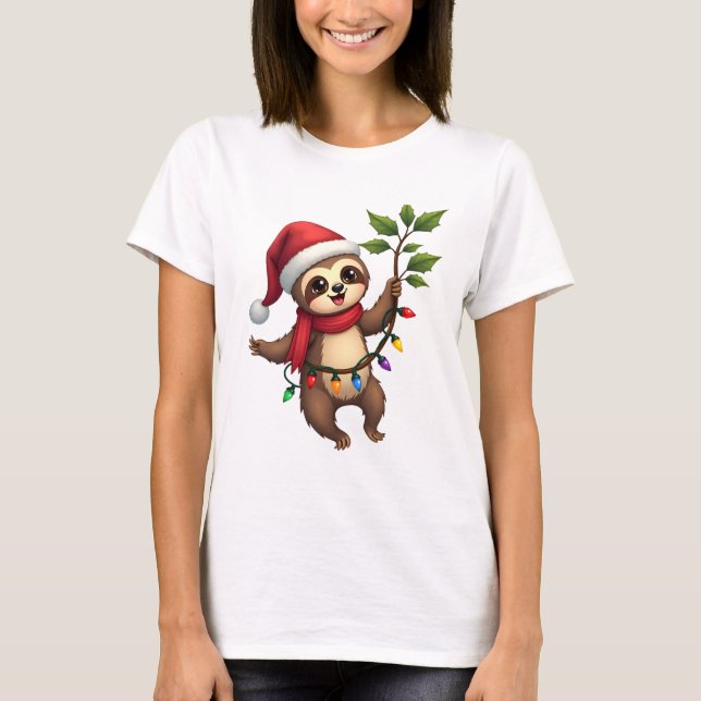 Christmas Lights Sloth Wearing Xmas Hat - Sloth Lo T-Shirt (Front)