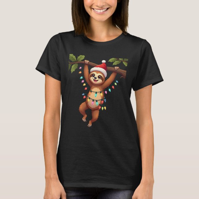 Christmas Lights Sloth Wearing Xmas Hat - Sloth Lo T-Shirt (Front)