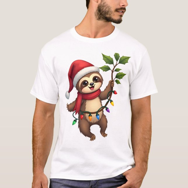Christmas Lights Sloth Wearing Xmas Hat - Sloth Lo T-Shirt (Front)