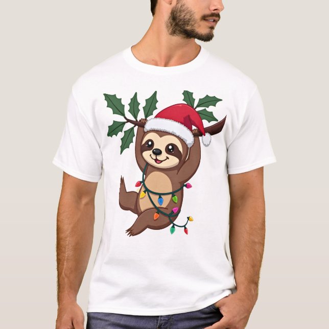 Christmas Lights Sloth Wearing Xmas Hat - Sloth Lo T-Shirt (Front)