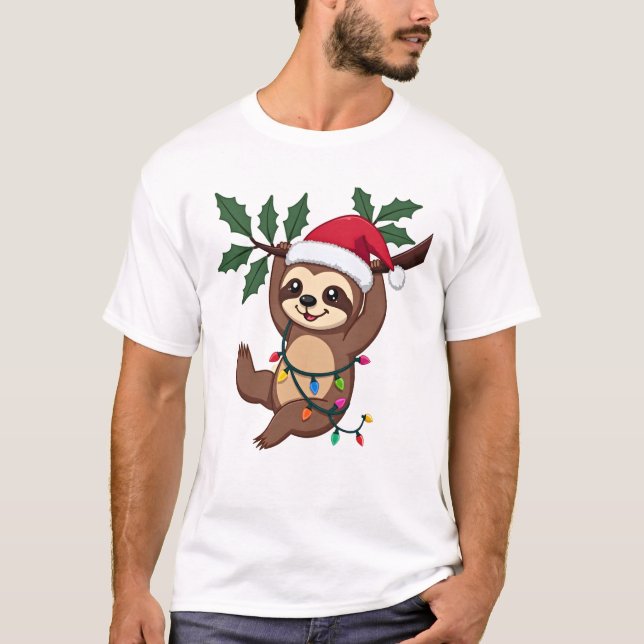 Christmas Lights Sloth Wearing Xmas Hat - Sloth Lo T-Shirt (Front)
