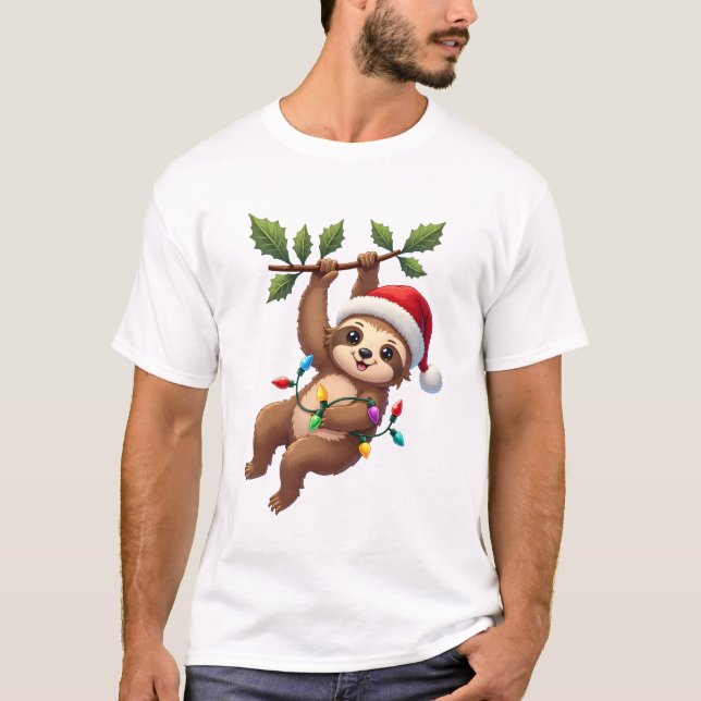 Christmas Lights Sloth Wearing Xmas Hat - Sloth Lo T-Shirt (Front)